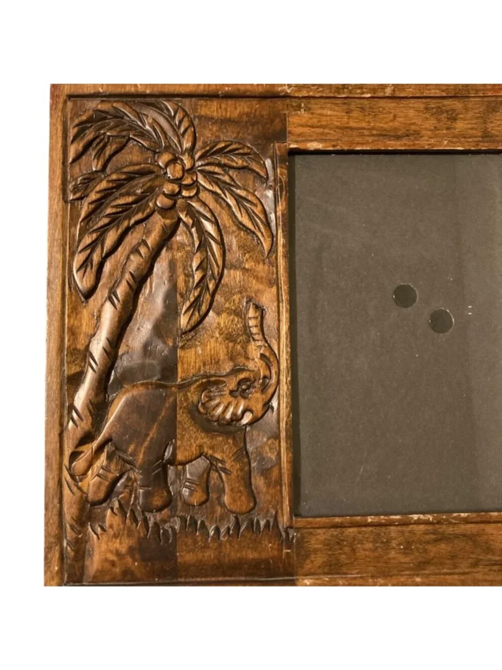 Hand Carved Wooden Elephant And Palm Tree Picture Frame